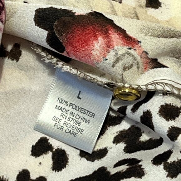 DRESSBARN Blouse Size Large Leopard Print Floral Button Down Long Length Pretty - Picture 7 of 9